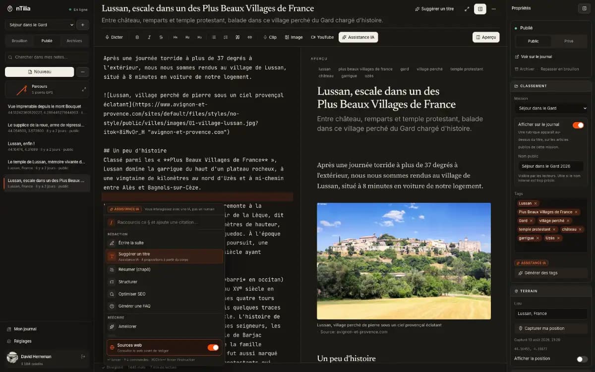 The nTilia editor: an article in progress, reading preview, and properties panel