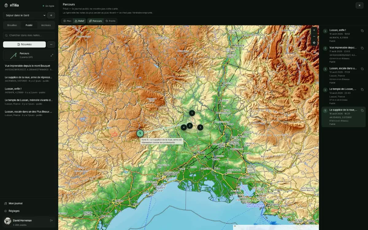 A nTilia Mission map: route, GPS points, and field notes