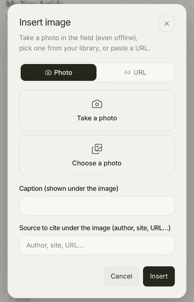 Mobile Insert an image sheet: camera, library, caption and source.