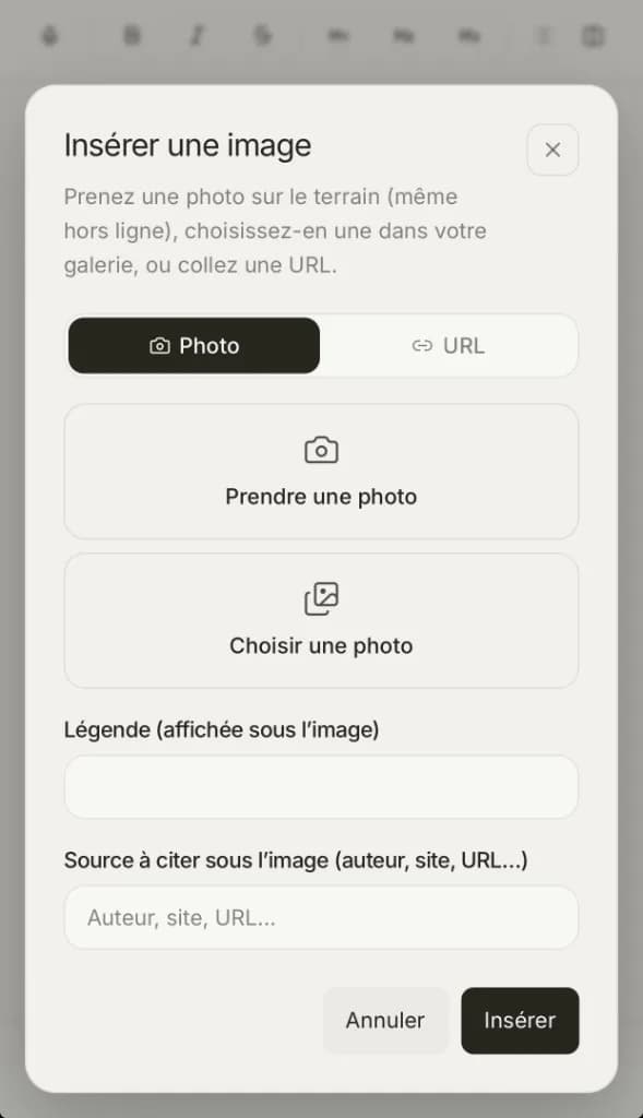 Fenêtre mobile Insérer une image : photo, galerie, légende et source.