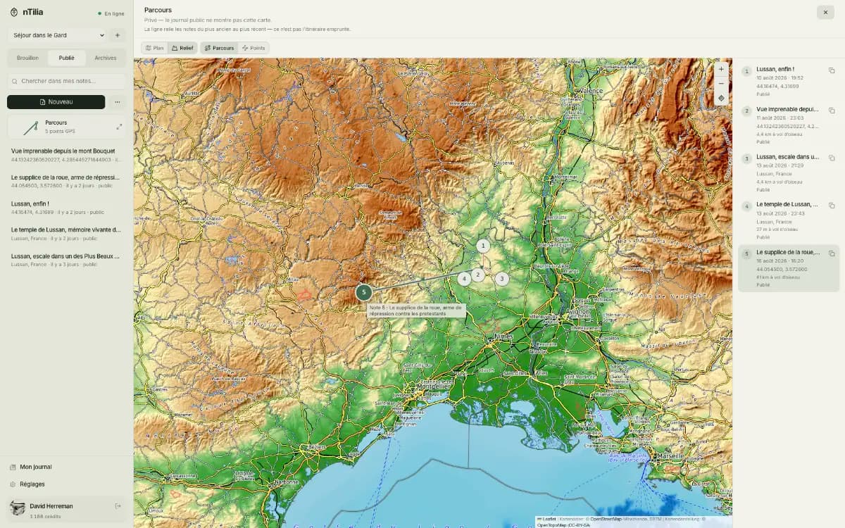 A nTilia Mission map: route, GPS points, and field notes