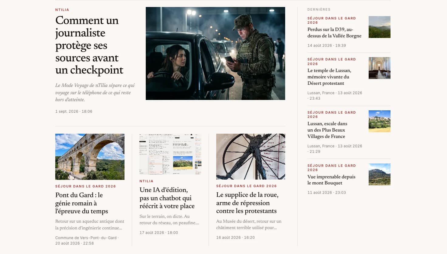 An nTilia journal front page: lead story with photo, secondary stories and latest posts